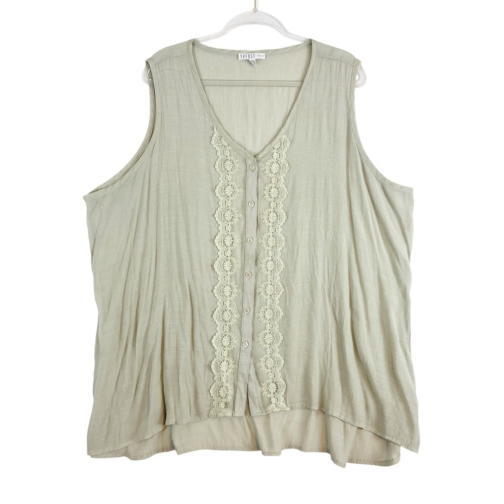 Spense Woman Sage Green Lace Trim Sleeveless Button Front Blouse Plus Size 3X